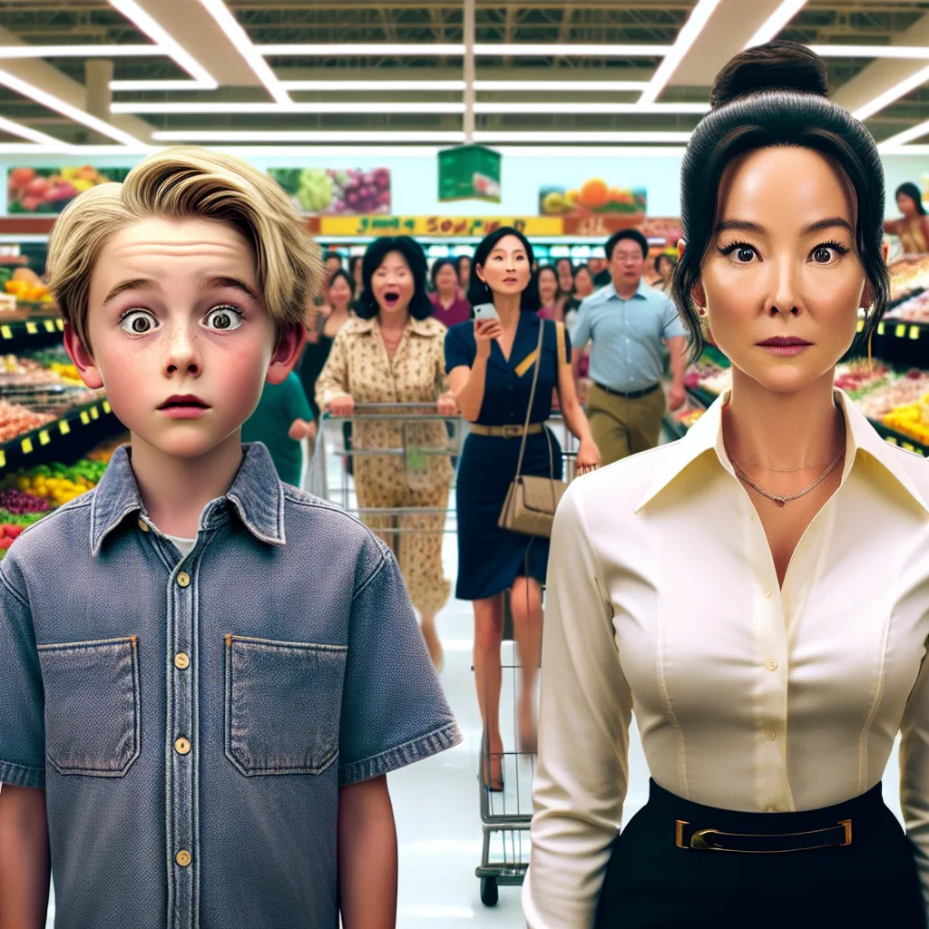 A young boy named Benji magically swaps bodies with a Korean woman named Sun-hee while in a busy grocery store, leading to a series of humorous and heartwarming events as they navigate each other's lives with confusion and resilience. The image should capture the juxtaposition of Benji's childlike innocence and Sun-hee's graceful maturity, perhaps showing them side by side in the grocery store, highlighting the unexpected situation they find themselves in.