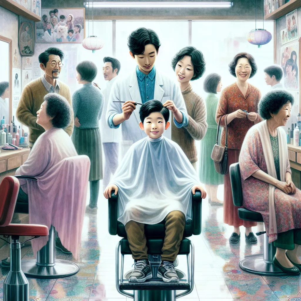 A young boy named Oliver gets a haircut at a Korean salon with his mom and grandma on a cloudy Saturday morning, experiencing a surreal moment where he becomes translucent before returning to his body. The women in the salon are unaware as they chat and work, leaving Oliver curious and changed. The day ends with Oliver feeling content, dreaming of his next visit to the salon.