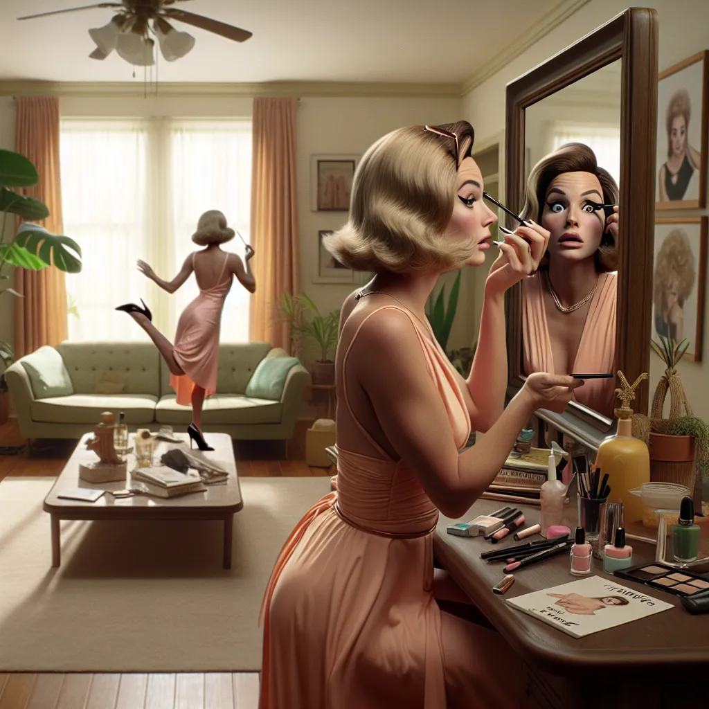 The image accompanying this story is of a man, now transformed into a woman, wearing a peach cocktail dress and perfecting winged eyeliner in front of a vanity mirror. In the background, there is a stripper pole installed in a living room, with plants scattered around the room. The image captures the humor and unexpected twists of the story, highlighting the protagonist's new glamorous lifestyle as a stripper.