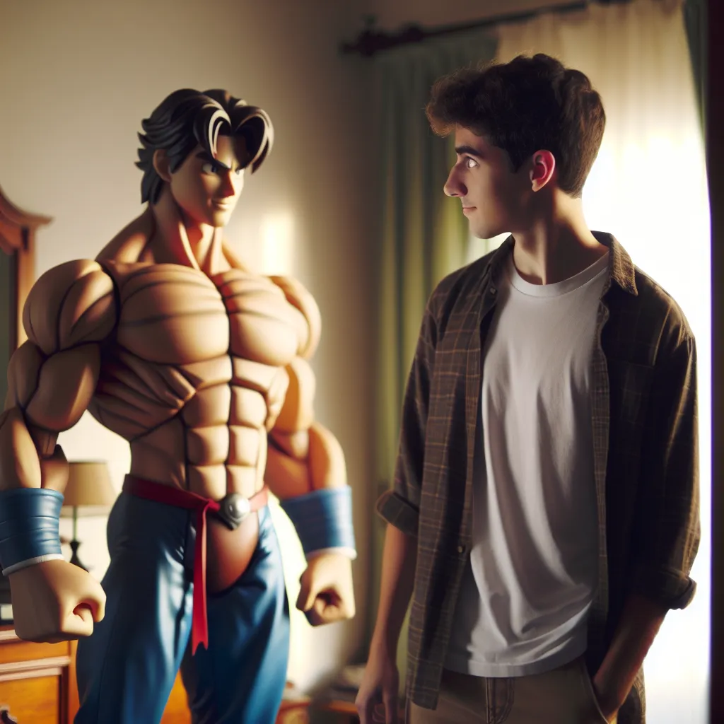 In a dimly lit bedroom, 14-year-old Marco is transformed into Chun-Li from Street Fighter 2, wearing a realistic costume that accentuates his muscles and proportions. His best friend Alex enters the room, captivated by Marco's new appearance, and encourages him to embrace his new role by striking poses and exploring their shared admiration for Chun-Li's seductive side.