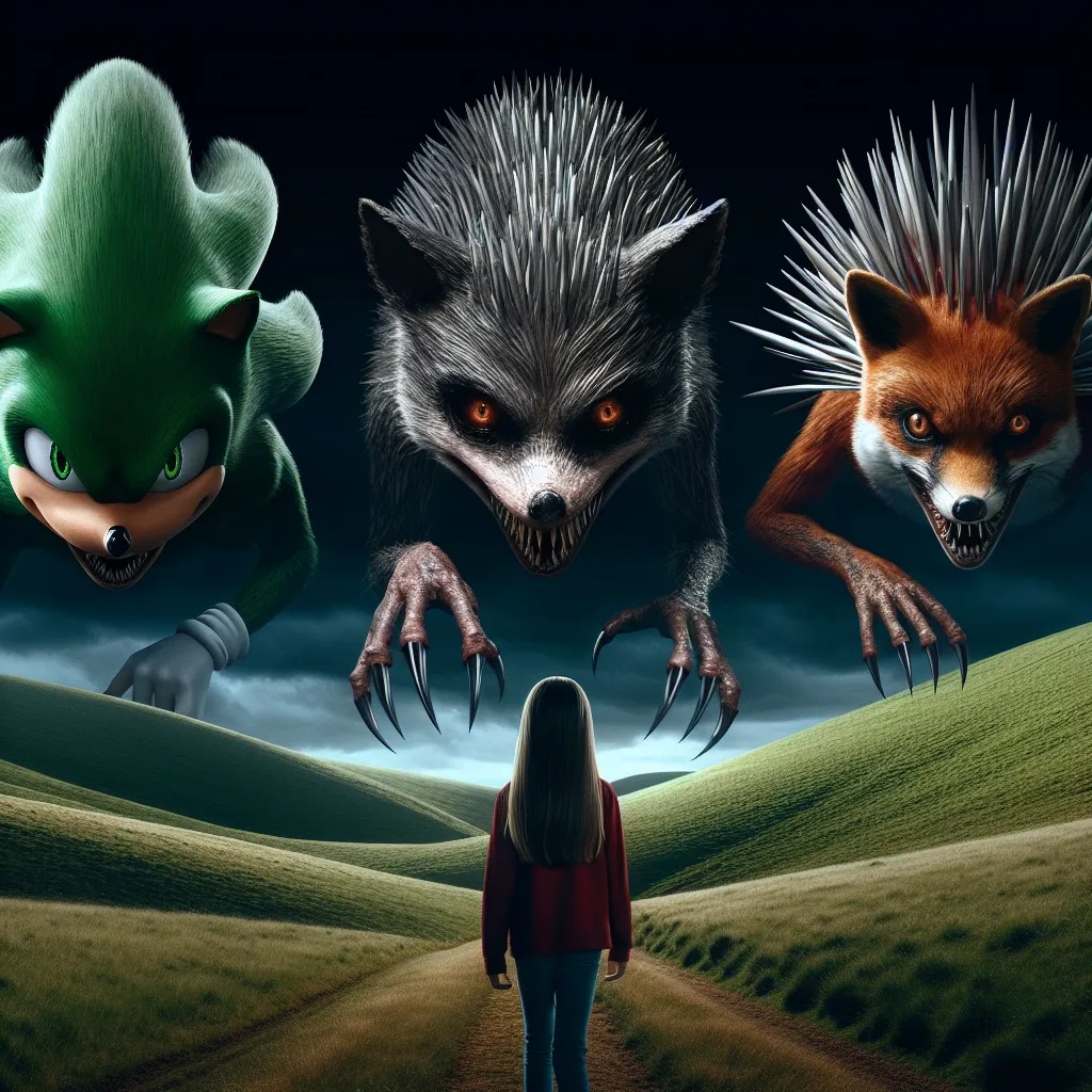 Description: An image depicting a dark and sinister version of Sonic, Tails, and Knuckles, their eyes baleful and teeth razor-sharp, bursting forth from the shadows in a photo-realistic rendition of Green Hill Zone. The atmosphere grows ominous as the once-beloved characters wreak havoc on-screen, while Lily, a young girl, gasps in horror.