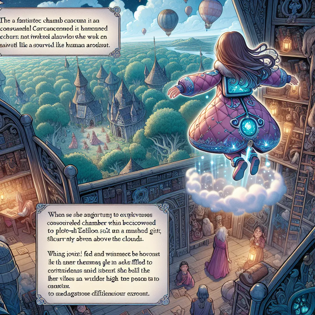 Description: In a fantastical world of magic, a young girl named Elara discovers a hidden chamber and dons an enchanted suit known as the Aerilon Suit, transforming her into a human balloon. Eager to explore her newfound powers, she soars above the clouds, encountering mythical creatures and unraveling the secrets of Aerilon. With wisdom gained from her journey, Elara becomes a guide, inspiring her village with the magic of curiosity and wonder.