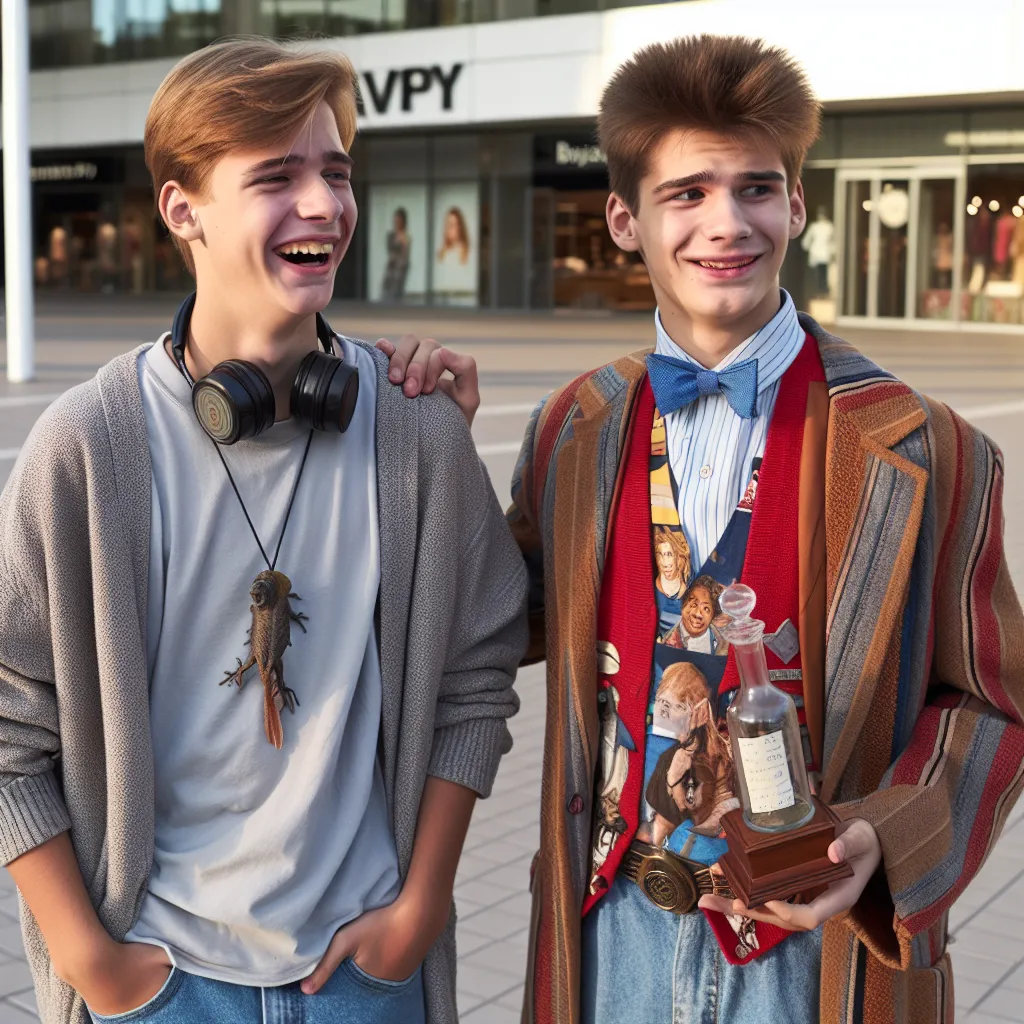 The image accompanying this story is of two teenage boys, Charlie and Joe, standing side by side in front of a mall. Charlie is laughing while looking at Joe, who is wearing a mismatched outfit and holding a lacey bra in his hands. Joe, who is actually stuck in his mom's body due to a swapped reality caused by a mysterious amulet, has a mischievous grin on his face. The image captures the humor and absurdity of their situation, as well as the strong friendship between the two characters.