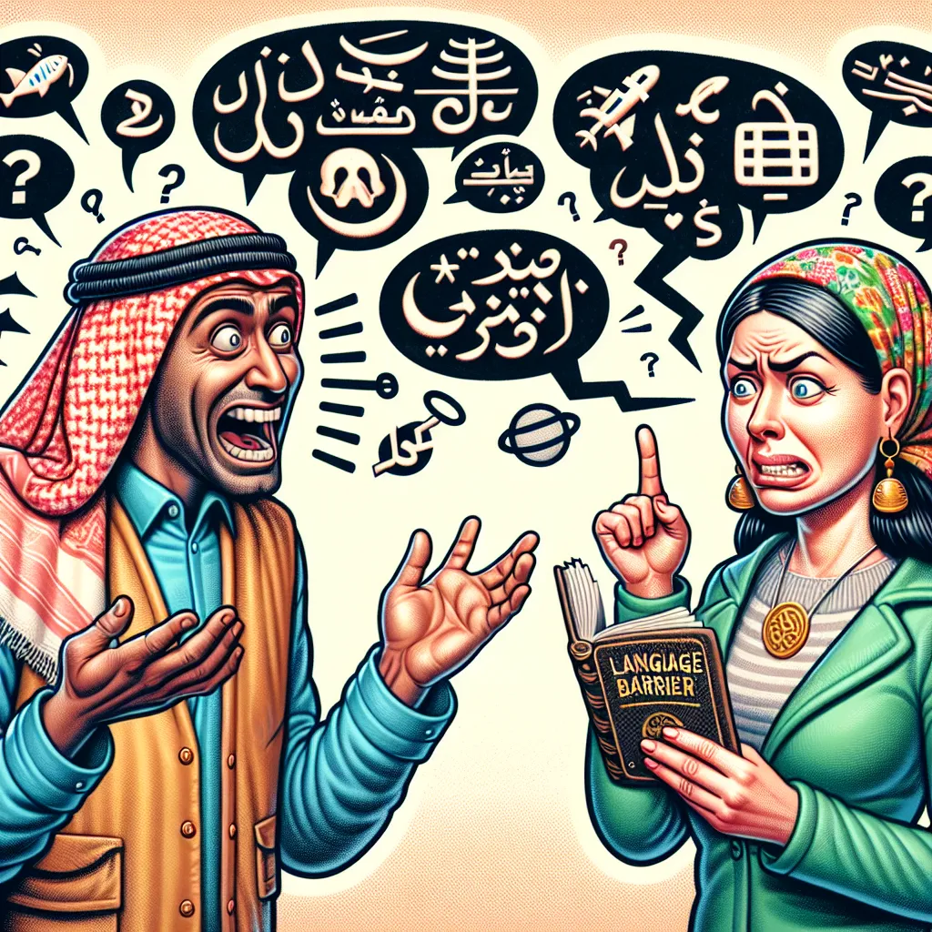 Title: "Hilarious Language Barrier Mishaps: Lost in Translation!"
Genre: Humor

Description: A comical image featuring two individuals from different cultures engaged in a conversation, but clearly struggling to understand each other due to a language barrier. The image showcases their amusing facial expressions, hand gestures, and miscommunications, highlighting the humorous moments that ensue in their attempts to communicate.