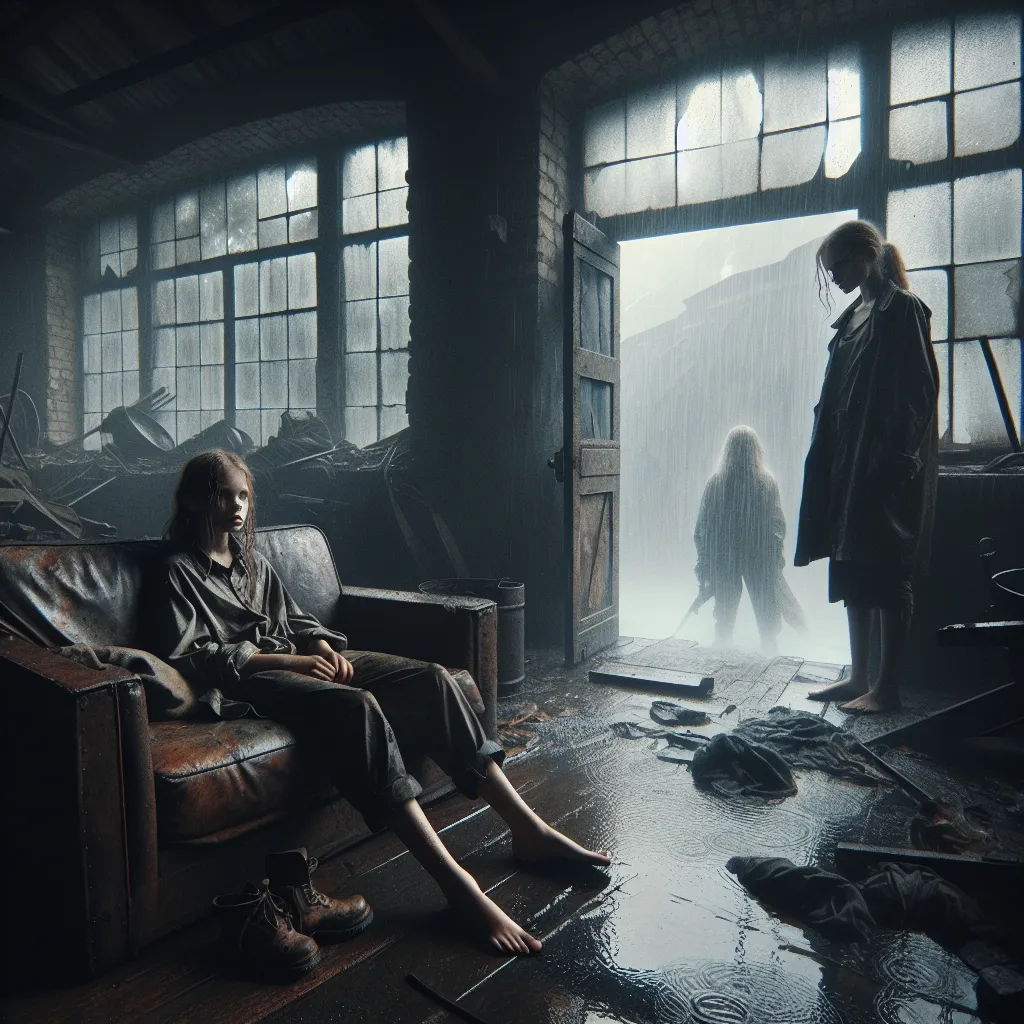 A dim, rain-soaked abandoned factory interior with cracked windows streaked with water. Inside, a small teenage girl with pale skin and faint scars, barefoot and curled up on a worn, patchy leather couch, gazes pensively outside. Beside her sits a tall, stoic blonde girl with long hair, wearing a weathered jacket, standing near the doorway as heavy rain pours outside. Faint silhouettes and shadows hint at lurking danger beyond. The scene conveys a mood of tense sanctuary, vulnerability, and guar