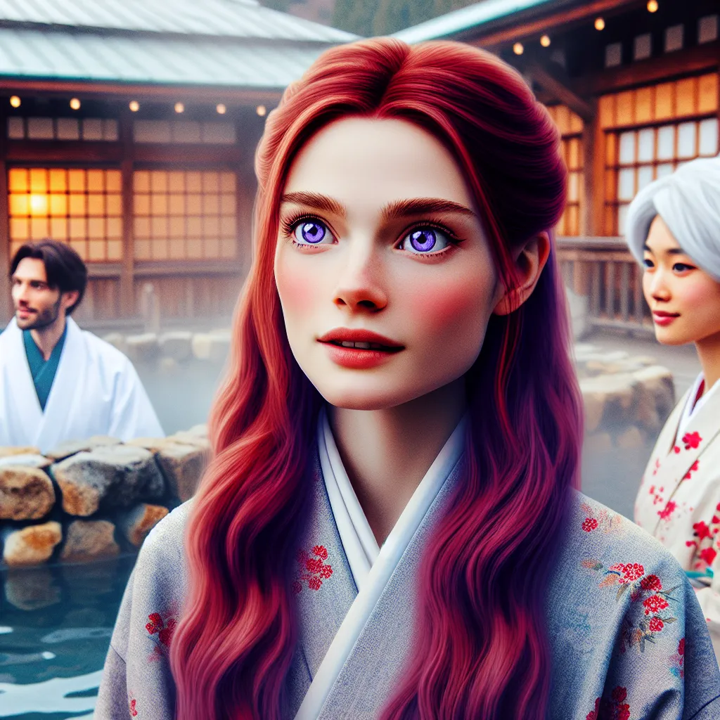 The image will depict a young woman with long, silky red hair and wide violet eyes standing in a hot spring, surrounded by her friends Sakura and Ino. She looks a bit perplexed but also content, as her physical appearance has transformed into that of a girl, embracing her new reality with a sense of belonging and camaraderie. The setting will include traditional wooden architecture and the steamy atmosphere of the hot springs.
