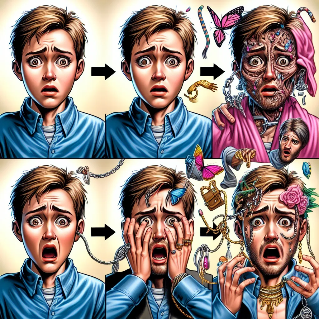 An image that could accompany this story would depict a young boy, Jason, who is visibly distressed and undergoing a sudden and dramatic transformation into a woman. The image would show Jason's physical changes, such as his evolving facial features, feminine clothing, and the appearance of jewelry and makeup. It would portray his fear and confusion as he attempts to cope with these unexpected changes.