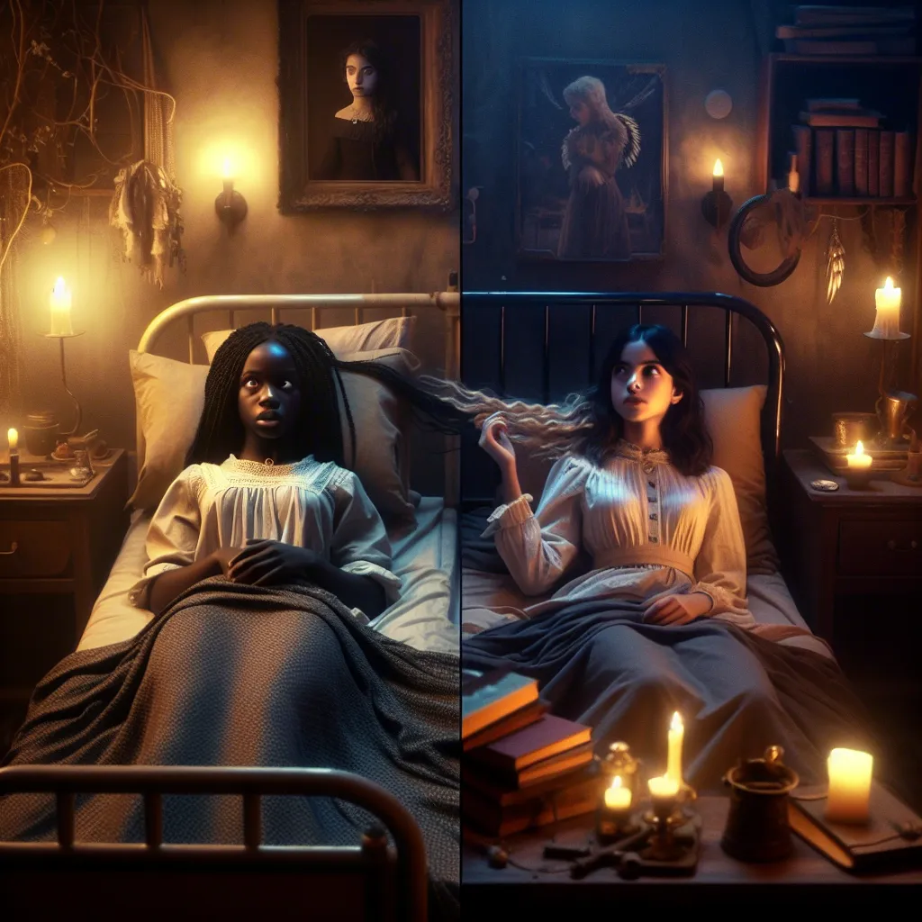 Description: The image depicts two girls lying side by side on their beds in a dimly lit dormitory room. One girl, Mari, has recently undergone a transformation spell, her feminine appearance contrasting with her bewildered expression. The other girl, Kayla, exudes an eerie serenity as she gazes at Mari, her hand gently brushing Mari's hair. The room is decorated with vintage furnishings and mystical elements, such as books of forbidden knowledge and candles flickering in the background. The atm