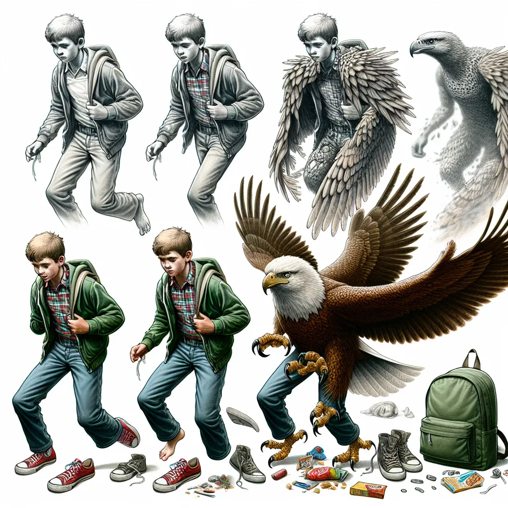 A detailed progression of a young boy, Oliver, accidentally transforming into a mature woman named Allison. The transformation starts from his feet, then shifts to his legs, torso, arms, and face. As he struggles to cling to his identity, memories, and essence, Oliver ultimately loses himself to become fully Allison. The image captures the chaotic aftermath of the transformation, with the platform sandals abandoned, snacks scattered, and purse tossed aside. Allison, now fully embodying her ident