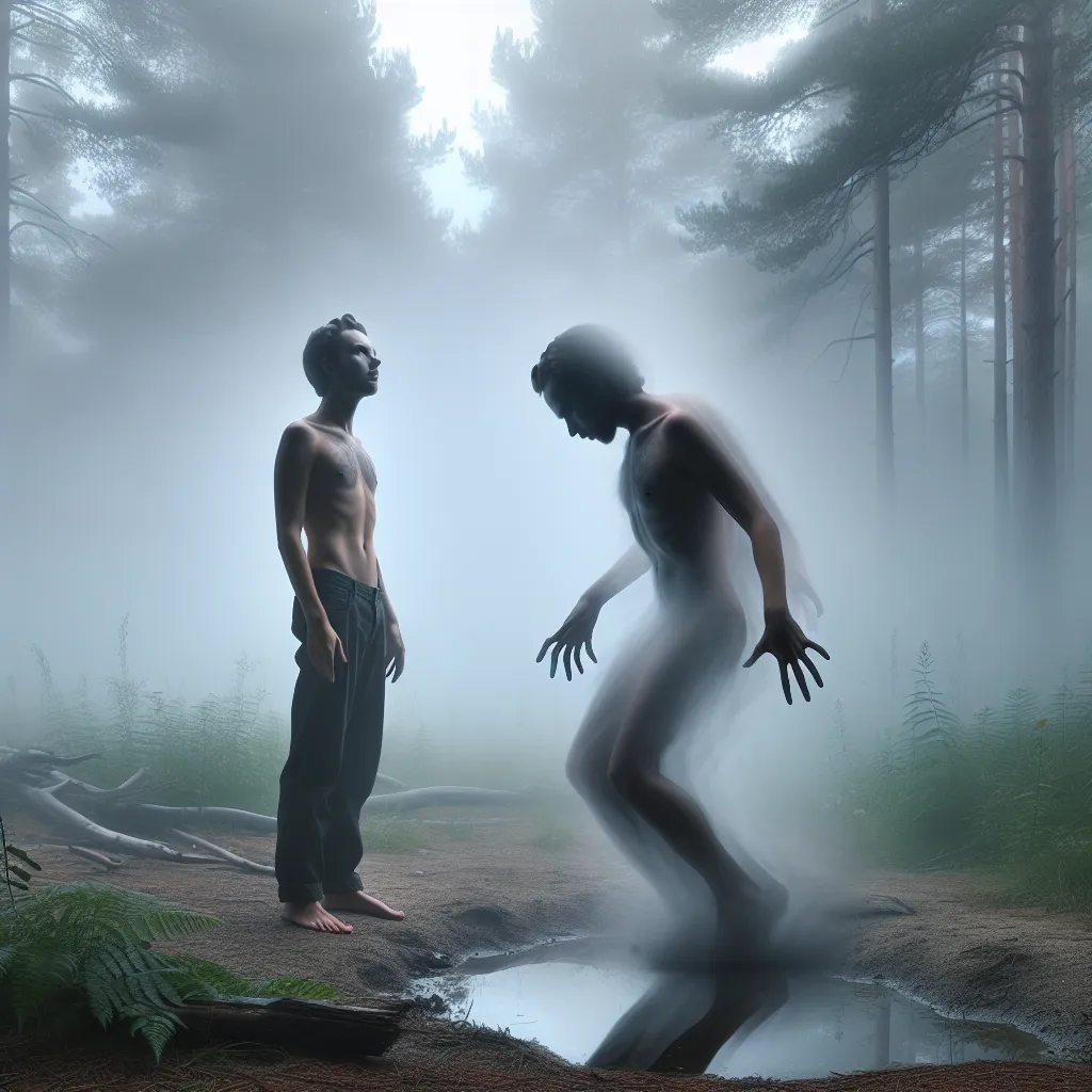 A mist-shrouded figure stands in a clearing, their body undergoing a chilling transformation. With each convulsion, their form shifts, muscles slimming, and features softening. Their hands become slender, their shoulders narrow, and their chest swells with newly formed breasts. Panic fills their eyes as they try to resist the change, but to no avail. As the fog clears, they gaze upon their reflection in the water and see a new identity staring back at them—resembling their mother but undeniably 