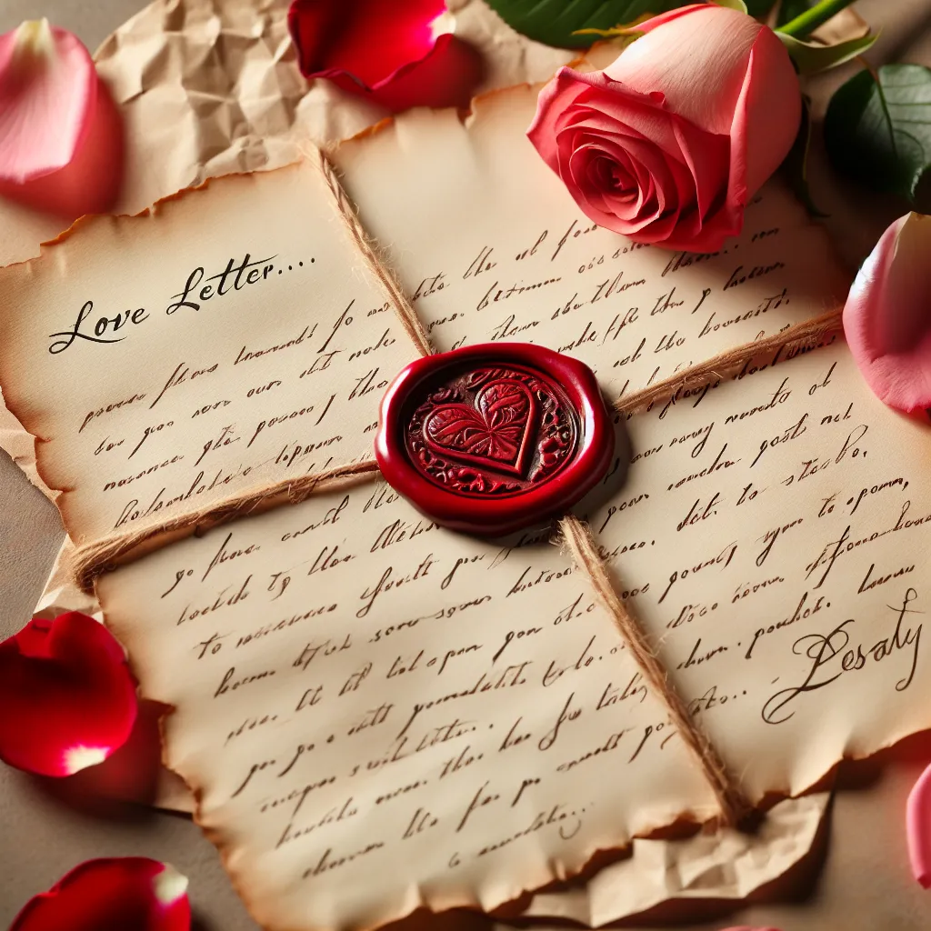 An image of a handwritten love letter on delicate parchment, adorned with a red wax seal bearing a heart. The letter is placed against a backdrop of rose petals, symbolizing affection and romance.