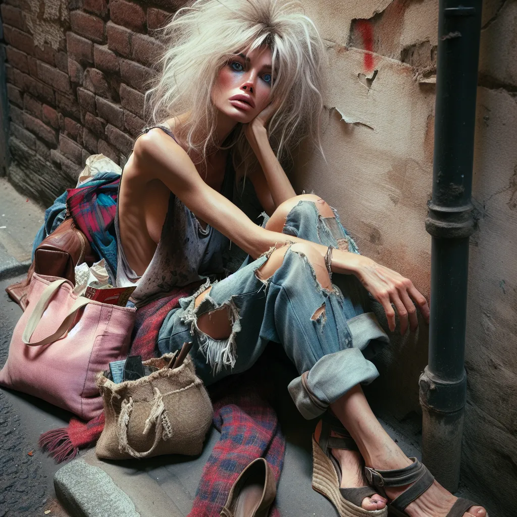 The image accompanying this story could be a portrait of a homeless woman named Louise. She is in her late thirties or early forties with unkempt blonde hair and blue eyes. She is wearing a disheveled tank top, tattered denim shorts, and worn-out wedges. Louise is carrying a ragged purse and a pink tote bag, both filled with personal items. She is shown in an alley, leaning against a wall, with a sense of despair and hopelessness.