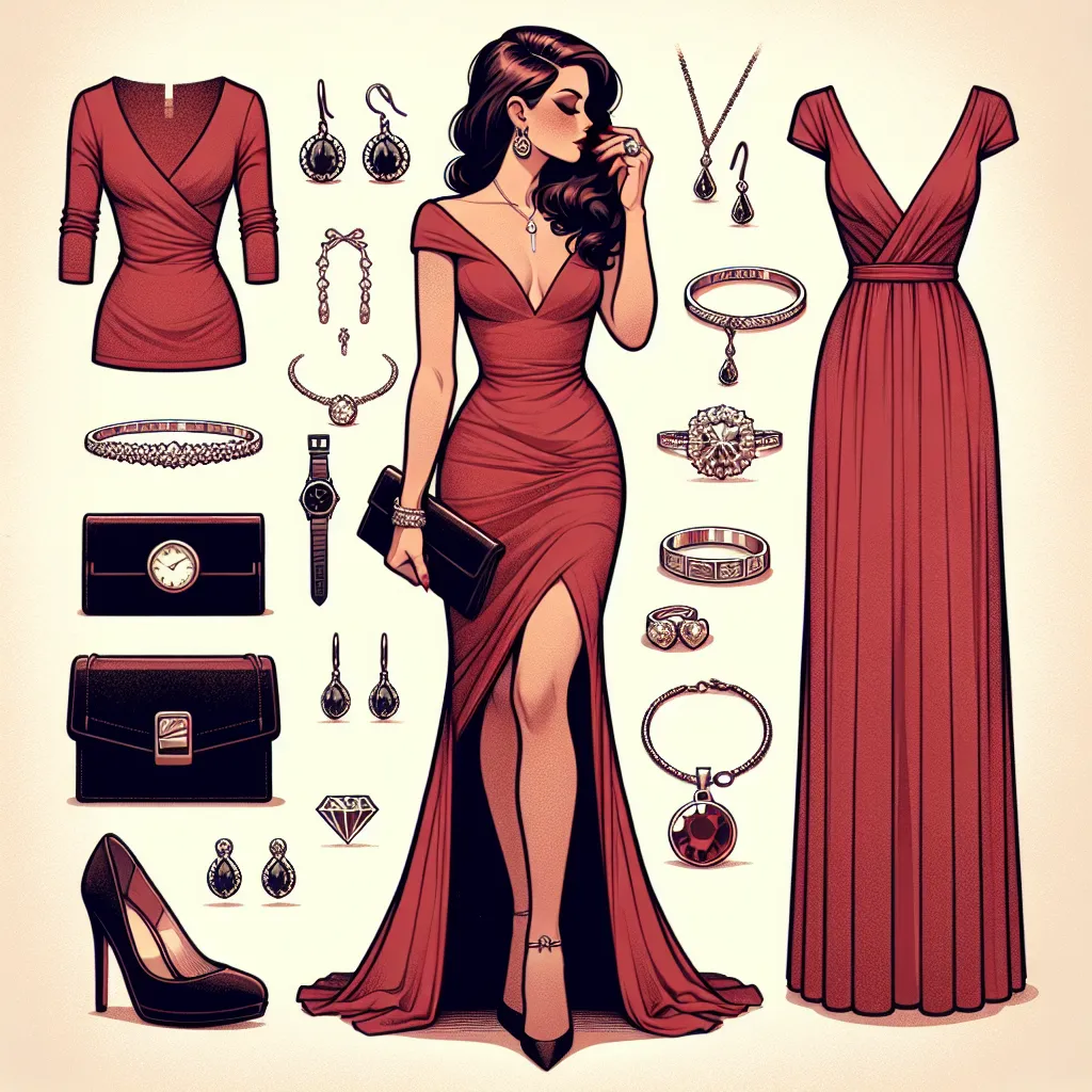 This description is for an image of a transformed young boy named Tommy, who has become a woman named Rebecca. She is wearing an elegant red dress with a deep V-neck, high slit, and thin straps. Rebecca is wearing gold platform sandals with a 5-inch heel and is adorned with seven pieces of jewelry, including a diamond wedding ring, gold hoop earrings, a delicate gold chain necklace, a charm bracelet, a thin anklet, a gold wristwatch, and a pearl brooch. She is holding a black clutch purse and he
