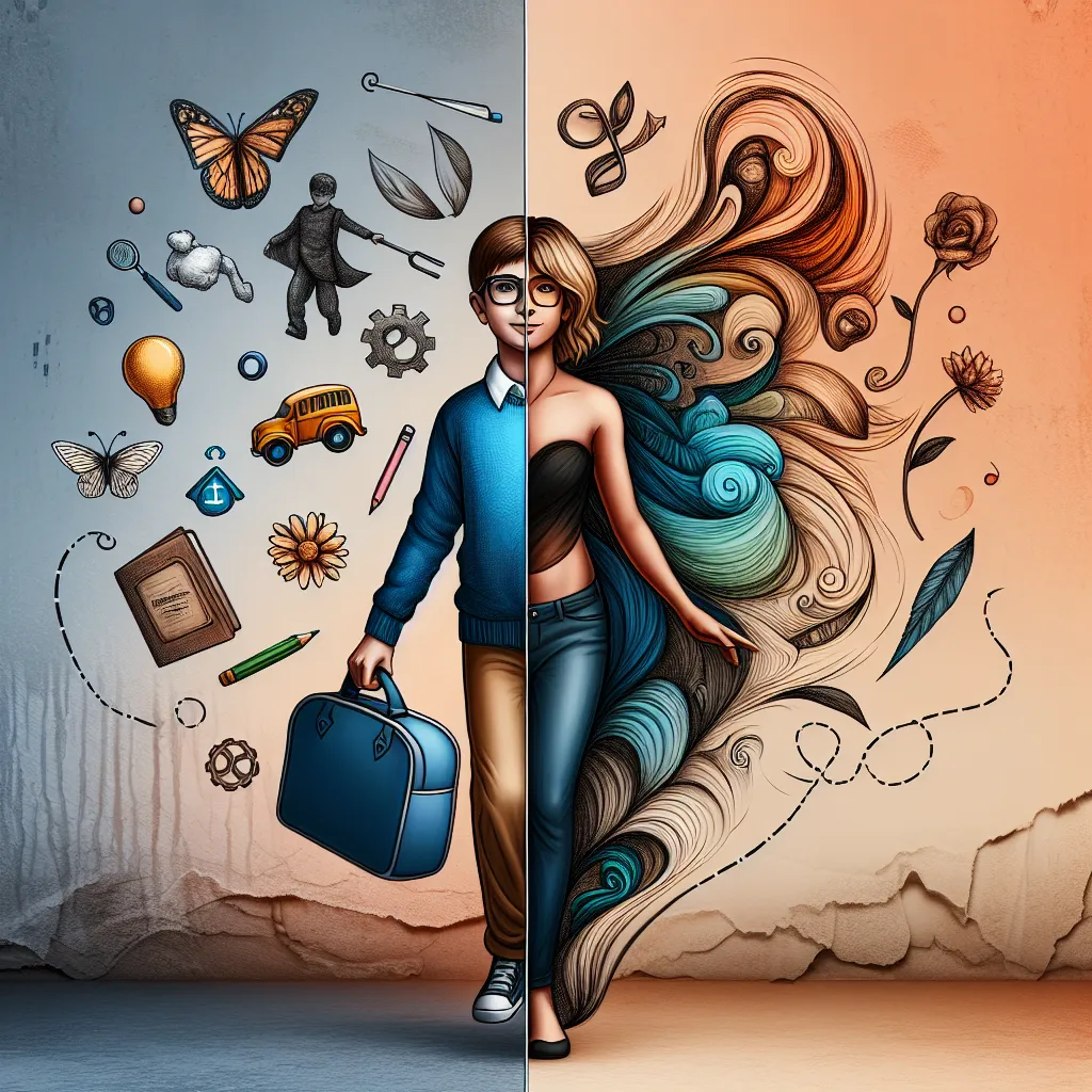 This image will accompany a story about a young boy named Jack who, after an unexpected turn of events, finds himself transformed into a woman named Linda. The image should represent the dual nature of Jack and Linda's identity, capturing the essence of both childhood and maturity. There should be a sense of resilience and adaptation, as well as a touch of whimsy and hope.