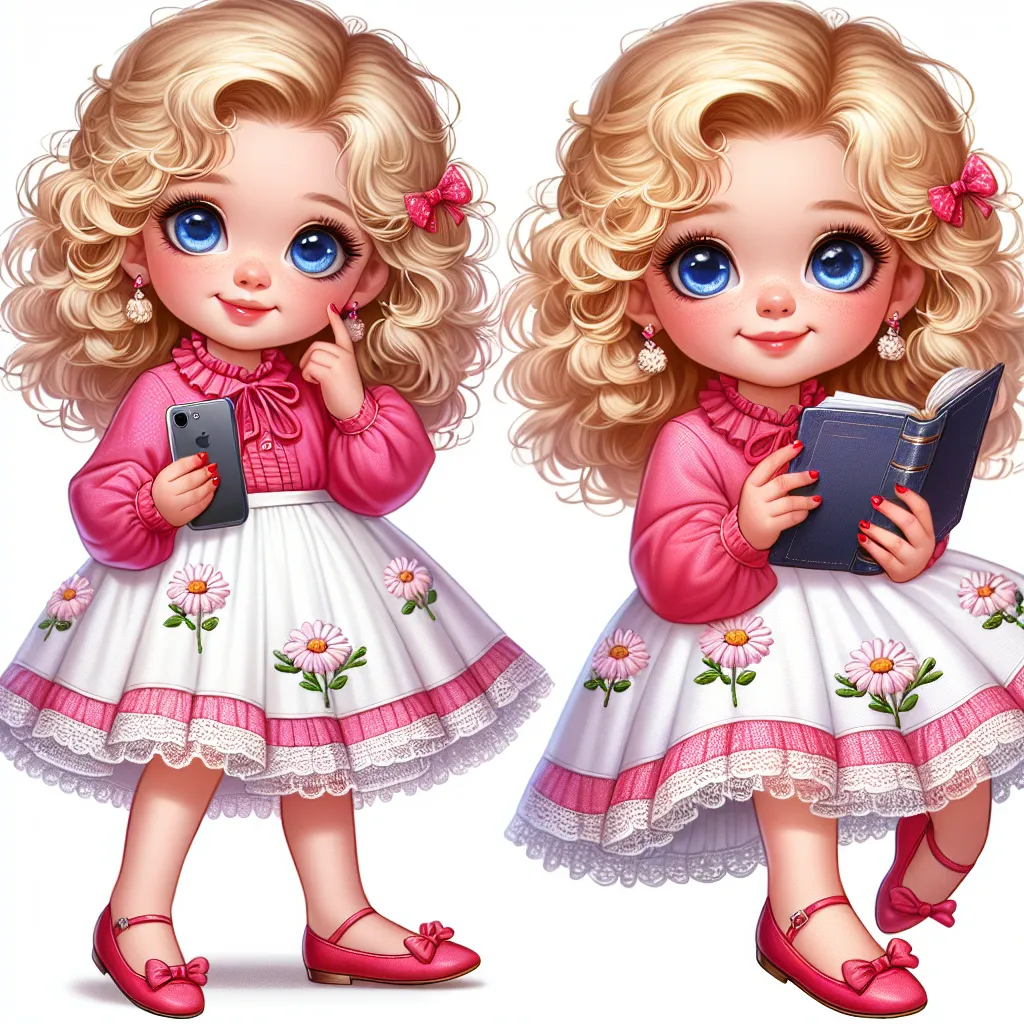 An image of a young girl with blonde, curly hair and blue eyes, wearing a pink shirt with ruffled collar and a white skirt with embroidered daisies. She is wearing red flats with bows on the front and has her nails painted red. She is seen holding a journal and a phone, with a mischievous smile on her face.