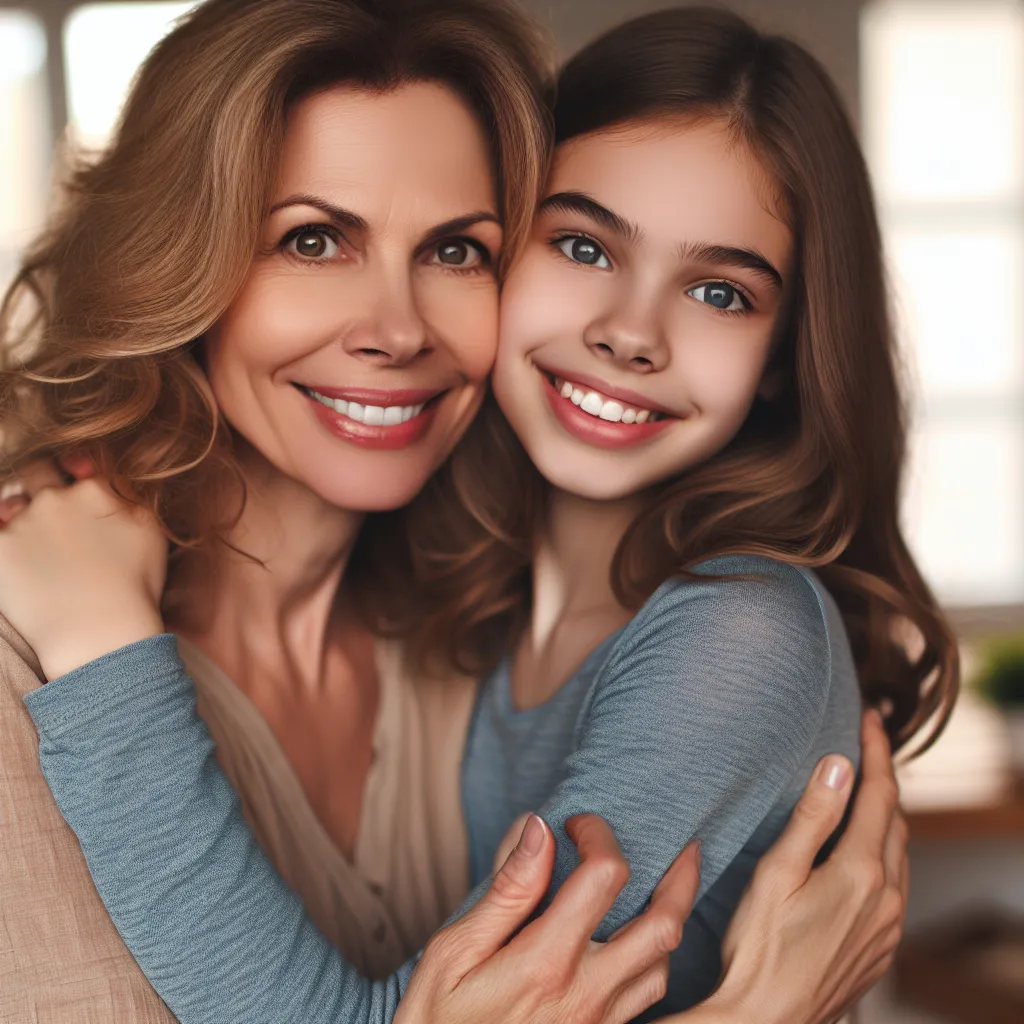 A heartwarming image of Karen and Emily, a mother and daughter, embracing and smiling in their home. Their love and strength shine through in their eyes and the warmth of their connection is palpable.