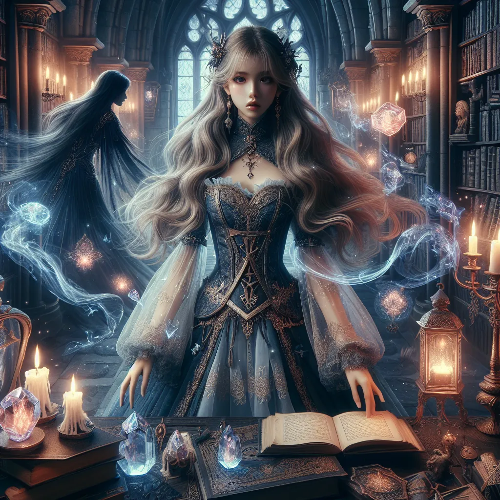 A mysterious scene in a magical academy: A young woman, surrounded by mystical artifacts, confronts a shattered mirror releasing eerie shadows.