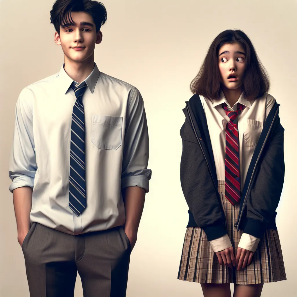 The image accompanying this story should depict Fuyuki and Natsumi standing side by side, both wearing their school uniforms. Fuyuki should be shown in Natsumi's body, displaying an awkward and uncomfortable expression, while Natsumi should be shown in Fuyuki's body, looking shocked and bewildered. The image should convey the theme of identity swap and the challenges they face living in each other's bodies.