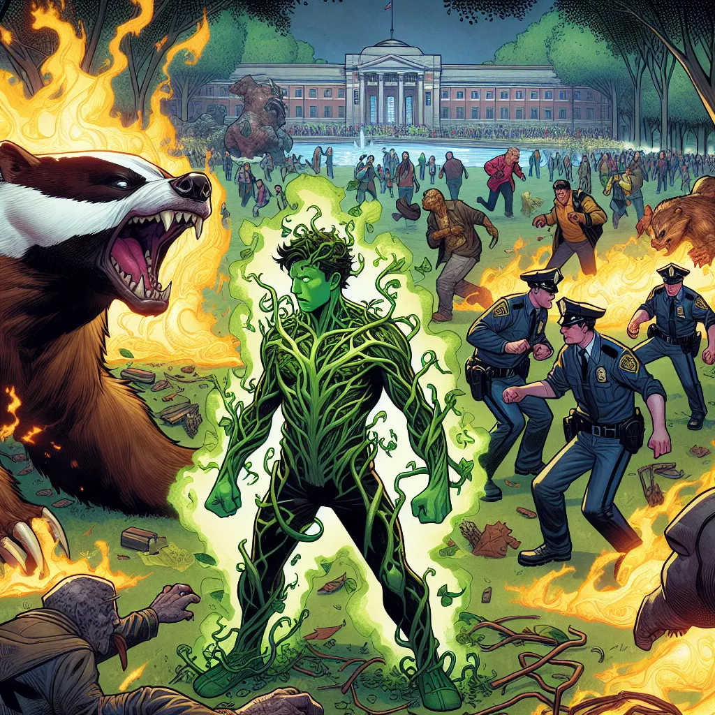 The image accompanying this story could depict Angel Quinteros, the hero, transforming into his new alien form, Swampfire, with green, leafy skin and bark-like armor. He stands in a park, surrounded by flames and vines, ready to battle the badger villain and his accompanying creatures. The scene could show the chaos of the park, with people fleeing and the police attempting to contain the situation.