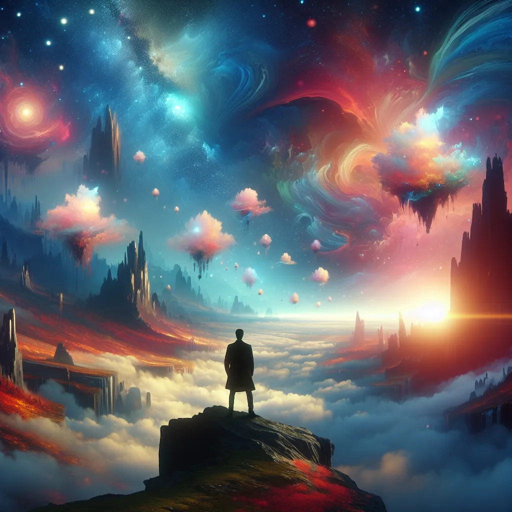 Description: A captivating image that reflects the essence of imagination and creativity, showcasing a person standing on a cliff overlooking a vast, otherworldly landscape with vibrant colors, fantastical floating islands, and a glowing sky. It evokes a sense of wonder, possibility, and the power of dreams.