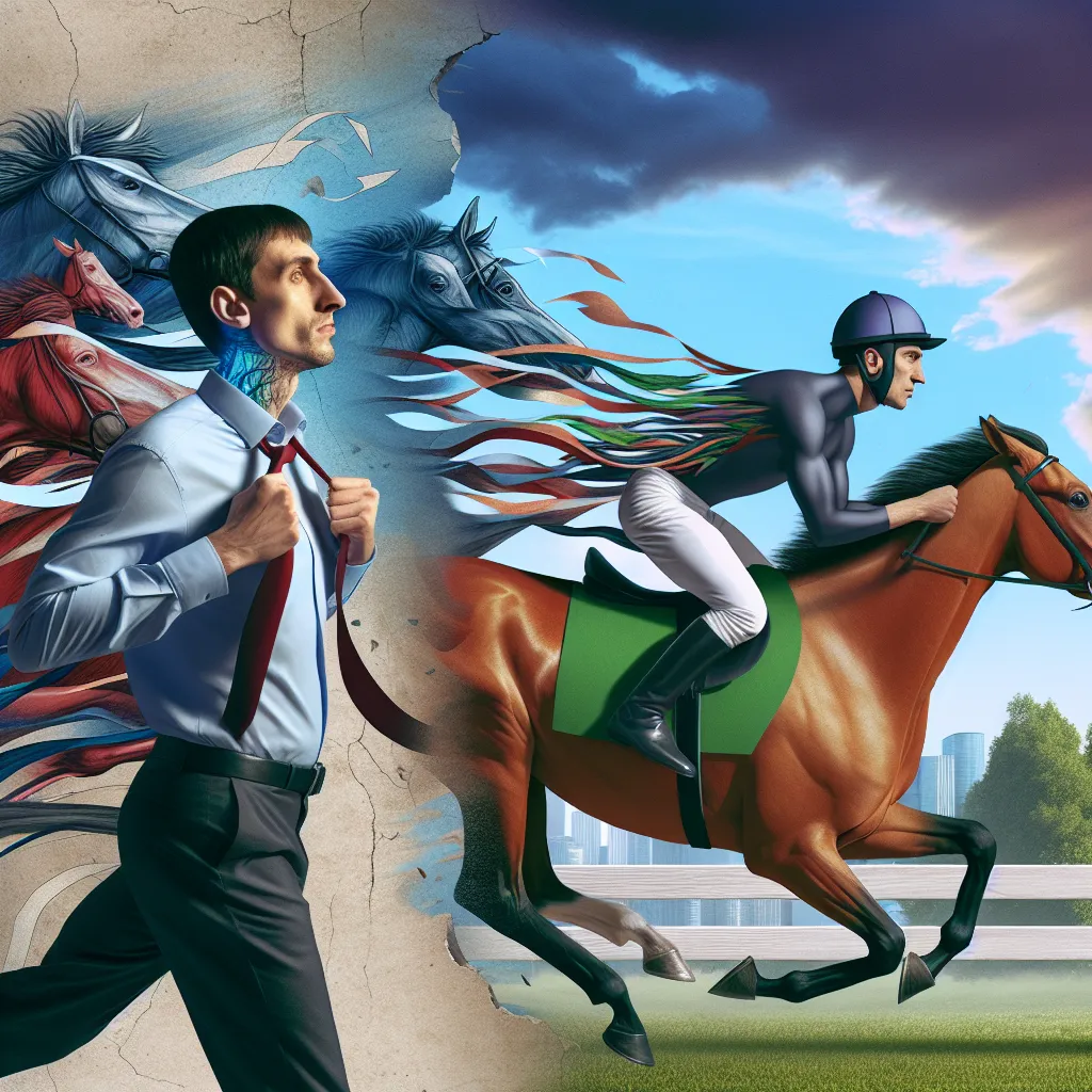A man named Steven, transformed into a chestnut filly, races alongside a determined jockey in a surreal landscape. They surge forward, driven by instinct and a deep desire for victory. Steven crosses the finish line as a triumphant racehorse, before returning to human form with a lingering sense of transformation and uncertainty.