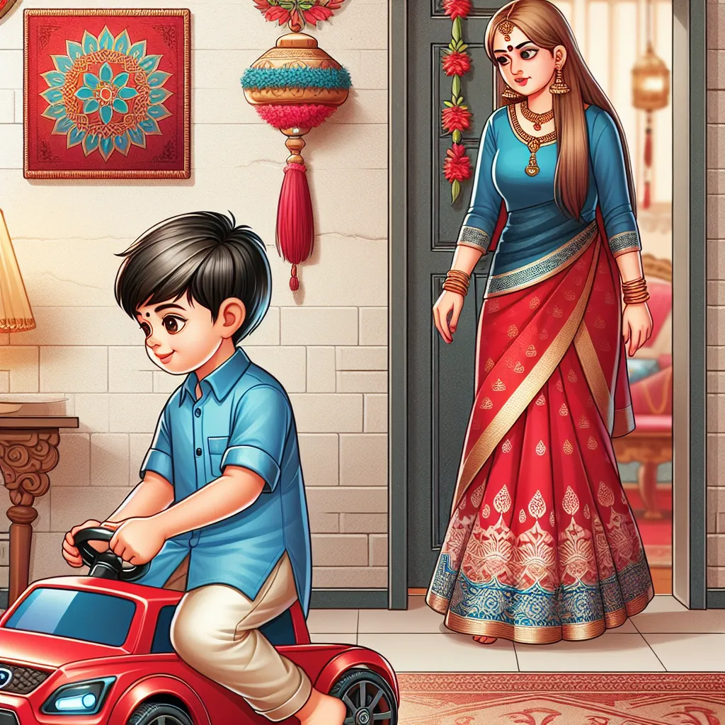 The image will show a young boy named Liam playing with a toy car, while a woman named Priya, wearing a blue blouse and red skirt, enters the room. In the background, there are traditional Indian decorations and feminine items.