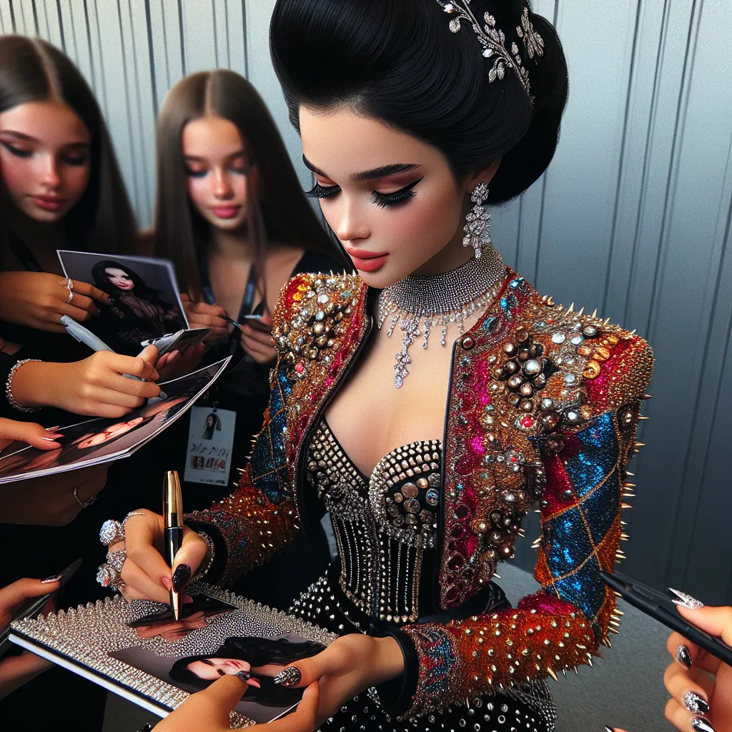 An image of a young girl with long, black hair styled in a glamorous updo. She is wearing a colorful, flashy outfit with studded pants, a bold jacket, and sparkling accessories. One hand is holding a sparkling clutch, while the other is signing autographs on photos for her fans.