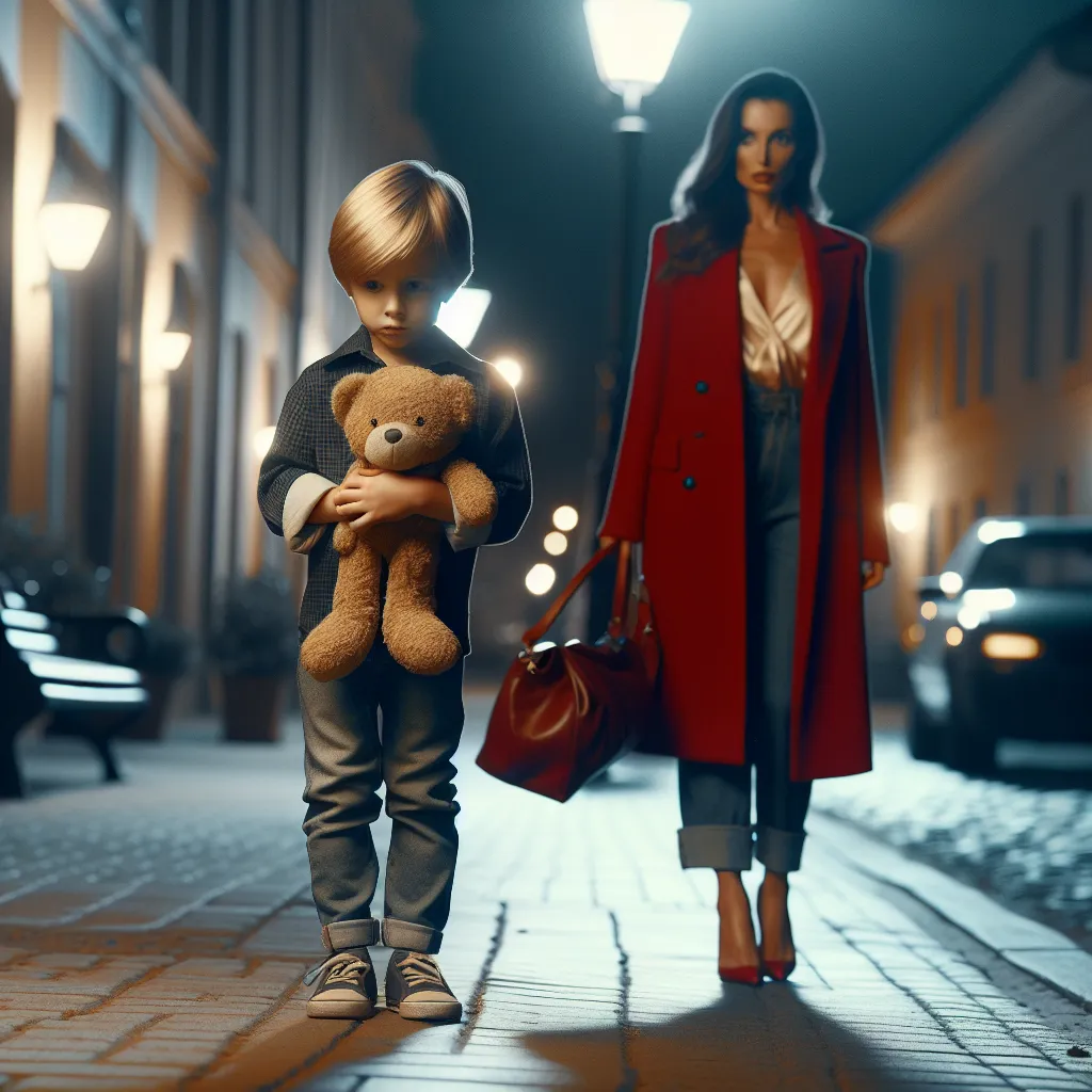 An image depicting a young boy named Tim standing alone on a dimly lit street at night. He is clutching a stuffed animal, wearing a shirt, jeans, and shoes. In the background, a woman in a skimpy red dress walks confidently, her red purse matching her outfit. Tim appears nervous as he continues walking, eventually realizing he is lost. The image captures the eerie atmosphere and the unsettling encounter with the woman.