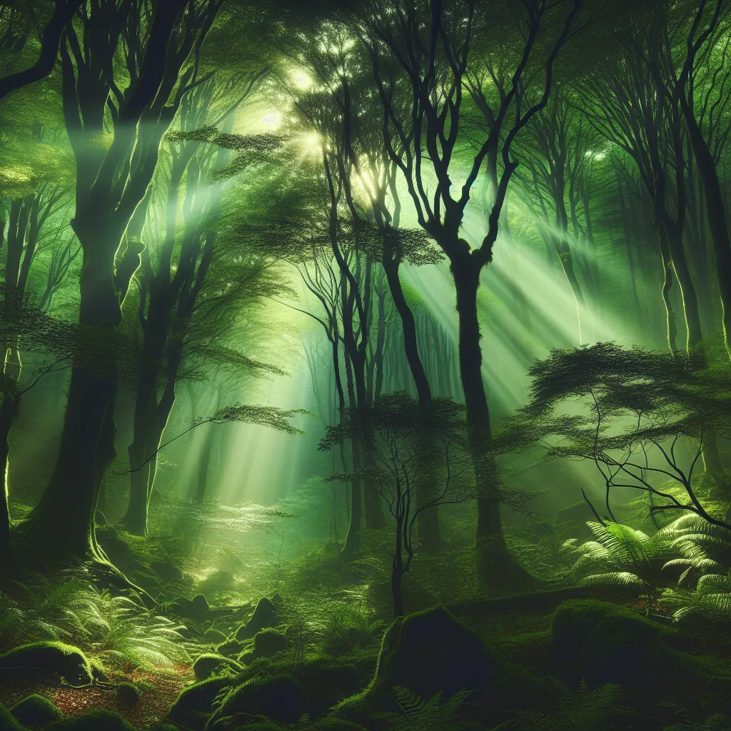 A captivating and mysterious image depicting a dense, lush forest with rays of sunlight filtering through the canopy, creating an ethereal atmosphere.