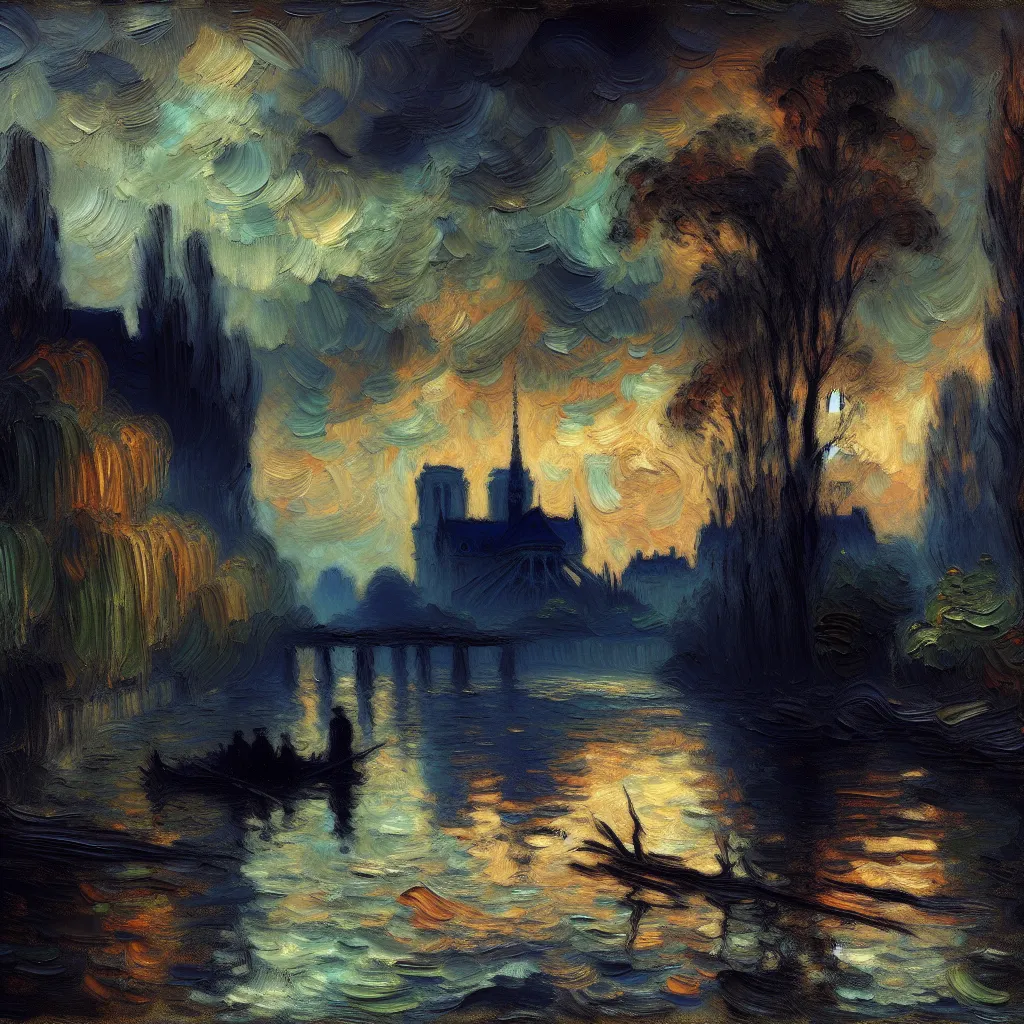 Shadowy, Dark, Ancient, Transformation, Haunted in the style of Monet