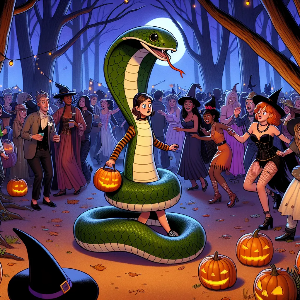 A humorous Halloween tale: Olivia, dressed as a giant snake, struggles to make a grand entrance at a spooky party in the woods. Will her intimidating costume lead to a legendary party moment, or will she learn that sometimes, patience is the best trick of all?