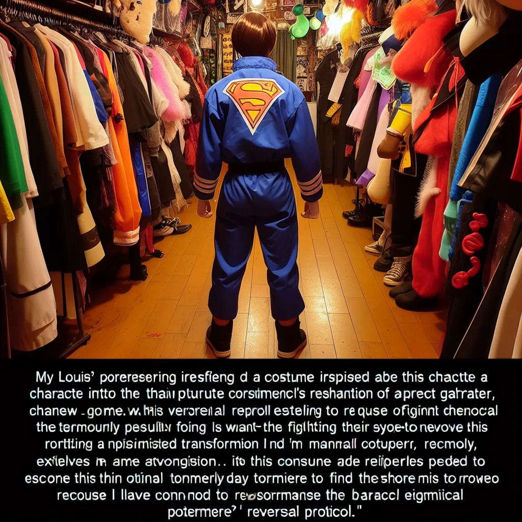 A person wearing a costume of Ramlethal Valentine from the fighting game Guilty Gear stands in a dimly lit store filled with other costumes. The person, named Louis, becomes physically transformed into a perfect replica of Ramlethal, struggling to maintain their own identity. They encounter a mysterious figure who reveals they cannot easily reverse the transformation. Determined to regain their original form, Ramlethal-Louis finds a console labeled 'Reversal Protocol' and manages to restore them