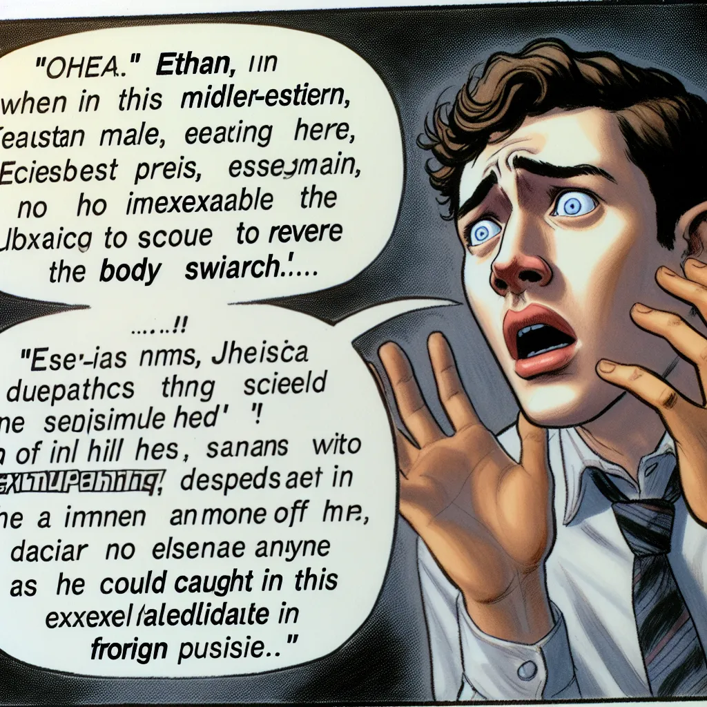 d down, hoping the sudden movement will reverse the swap.
77. Ethan pleads with Jessica, begging her to switch back with him.
78. He searches for anyone who might help him understand what happened.
79. Ethan's heart sinks as he realizes he's trapped in this unfamiliar body.