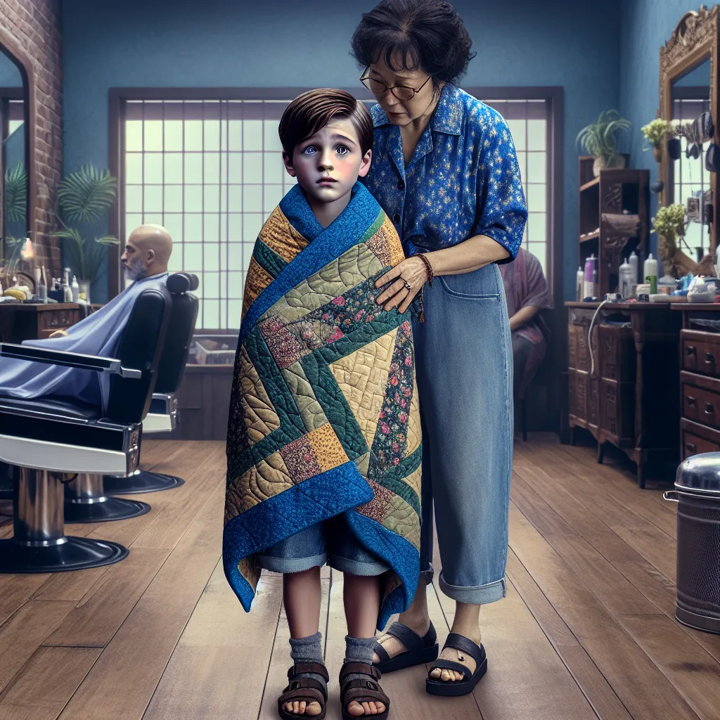 The image accompanying this story will feature a young boy with short brown hair, bright blue eyes, and a neat trim. He will be wearing a quilt wrapped around him, standing in a barber shop with a Korean woman named Yoon, who is now in the body of the boy. Yoon, now in the boy's body, will be wearing a blue blouse with small flowers, denim shorts, platform sandals, and multiple pieces of jewelry. The image will capture an emotional moment where Yoon, as the young boy, is feeling lost and embraci