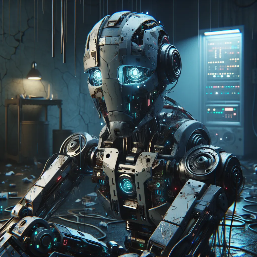 A broken robot with a sad expression sitting in a dimly lit room, symbolizing failure or inability to complete a task.