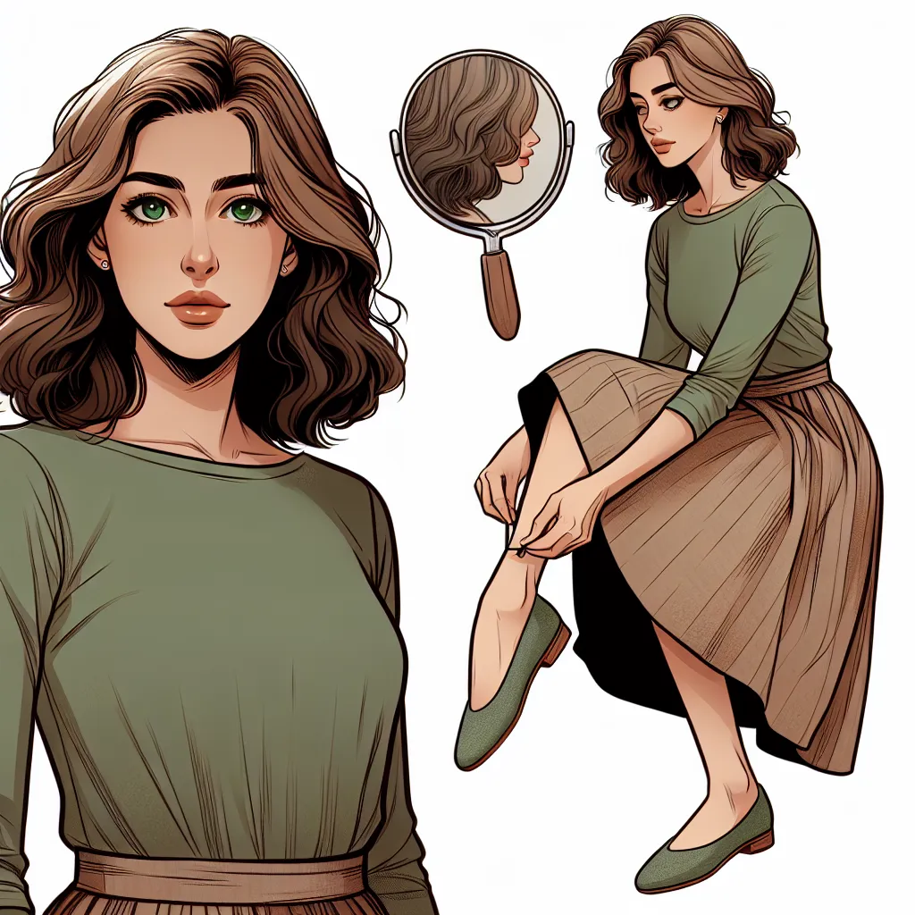 The image accompanying this story could be a portrayal of a woman in her mid-30s, with light brown hair styled in loose curls and emerald-green eyes. She is wearing a fitting, short skirt and a tight top. She is adjusting the straps of her platform sandals and looking in a mirror with a mix of uncertainty and determination.