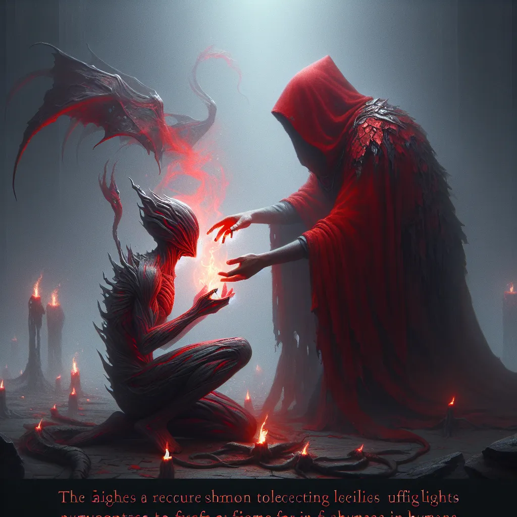 A fantasy scene unfolds as a mysterious being, Troupe Master Grimm, transforms a human into a small creature named Grimmchild. The image captures the moment of transformation, with Grimmchild struggling to accept this new form, while Troupe Master Grimm offers reassurance and protection. Dominated by shades of red and grey, the image showcases the bond between them as they embark on a journey to collect flames for a ritual in a world of humans.