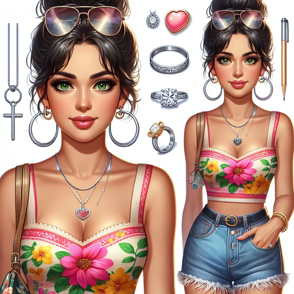 The image that will accompany this story is a depiction of Maria Hernandez, a middle-aged woman of Mexican descent. She has dark hair worn in a bun, green eyes, and is wearing a brightly colored tank top with floral patterns, paired with denim shorts. Maria is adorned with jewelry, including hoop earrings, a wedding ring, a silver bracelet, a necklace with a cross pendant, a diamond ring, and a small gold anklet. She is wearing feminine flip flops with a flower on each strap and stylish sunglass