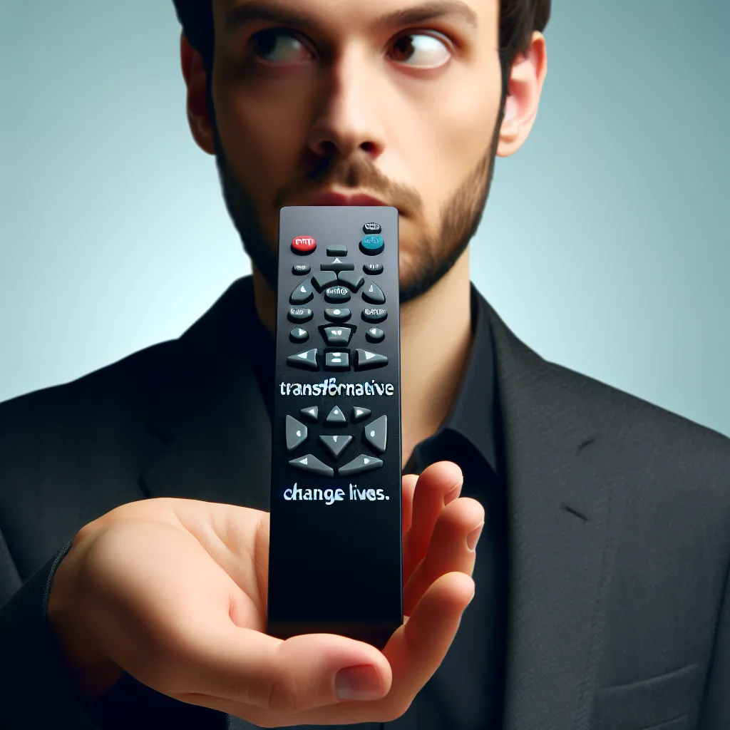 A person holding a sleek reality remote in their hand, looking intrigued and apprehensive. The remote resembles a TV remote but has the power to alter lives.