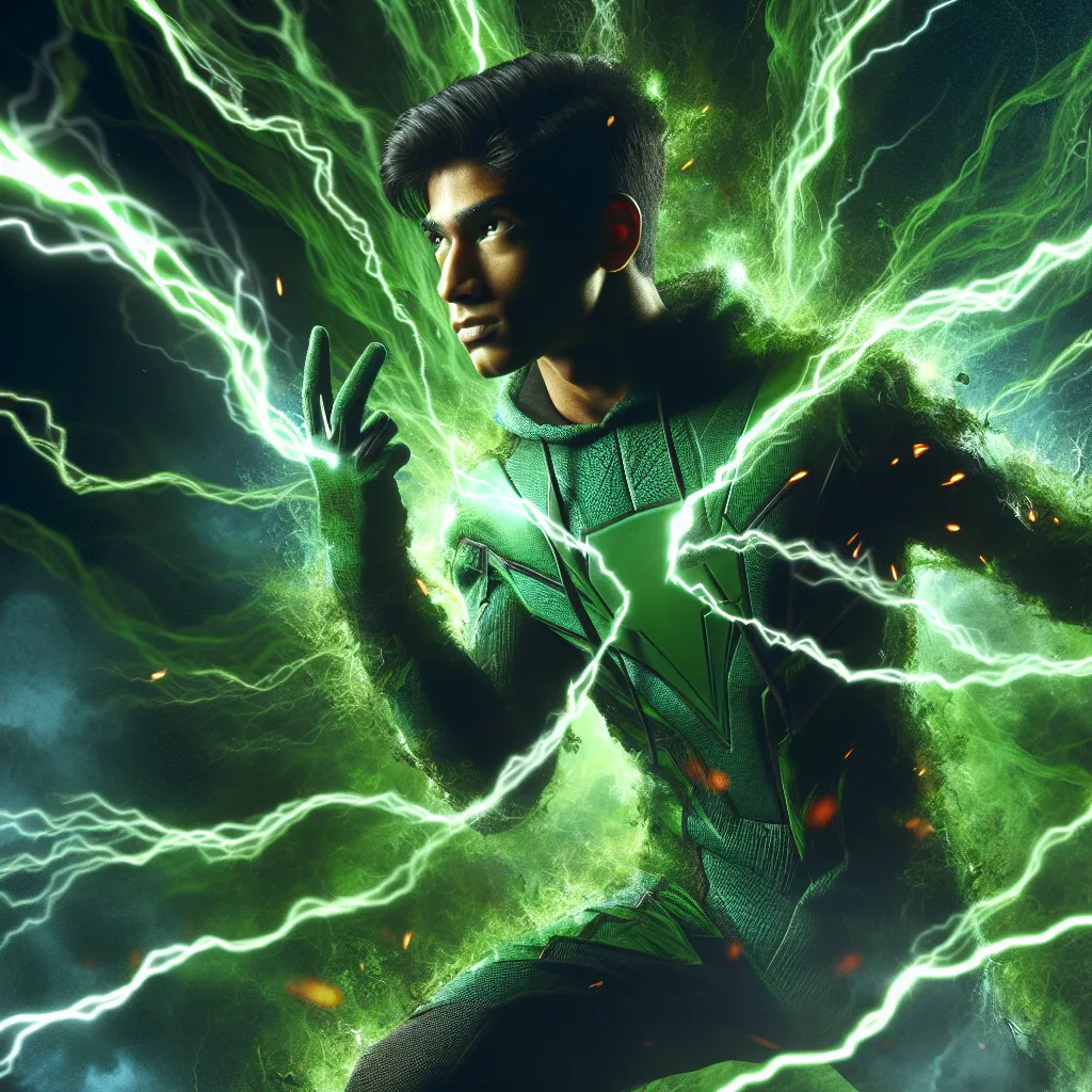 A young superhero in a dynamic pose, surrounded by green electricity and fire, prepares to confront the resurfacing threat of his arch-enemy.