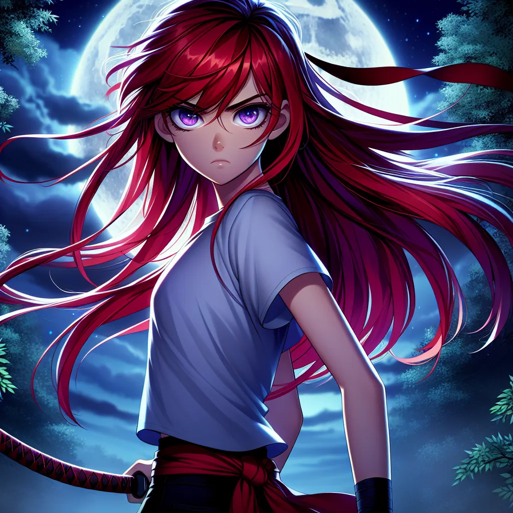 The generated image should depict Naruto/Naruko Uzumaki standing in a moonlit forest, her red hair flowing around her shoulders as she glances over her shoulder with an expression of fear and determination. Her violet eyes should gleam with a fierce determination, and her posture should reflect a mix of grace and the tomboyish energy of a Kunoichi. The image should capture the unsettling atmosphere of the story and convey the theme of transformation.