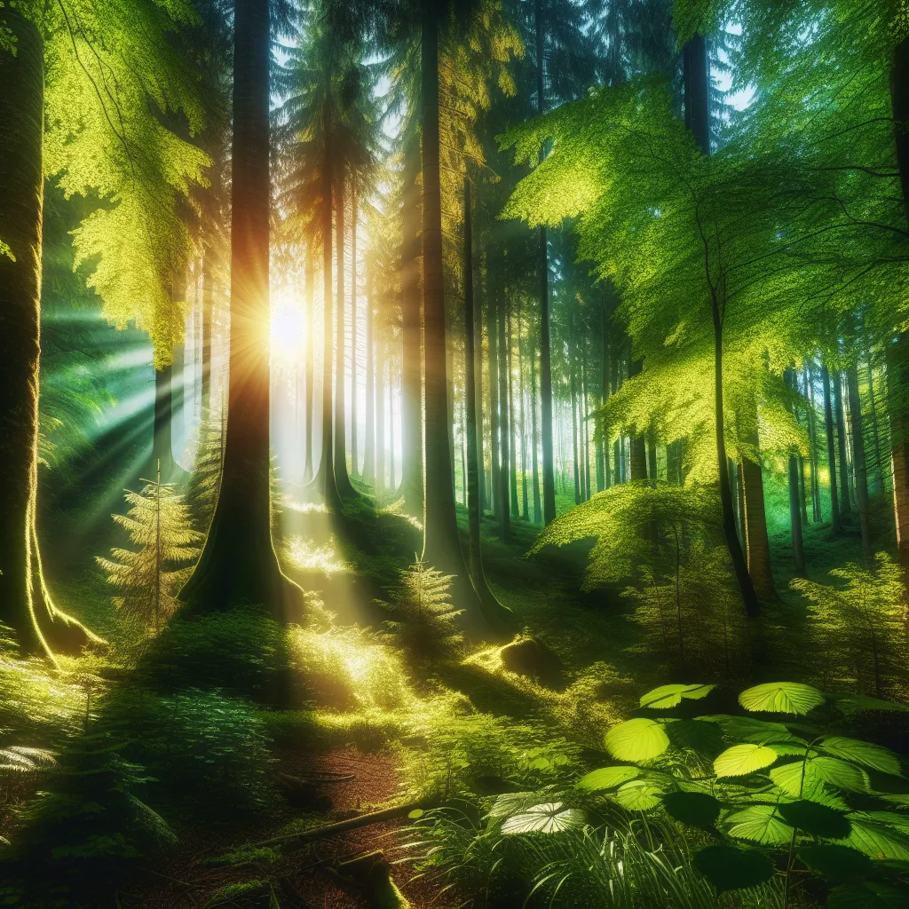 A serene forest scene with sun rays streaming through the vibrant green leaves of tall trees.