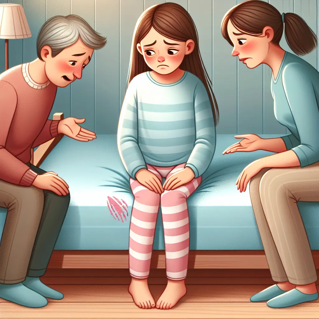 A young girl wakes up to discover a mysterious stain on her bed, causing fear and confusion. Her parents rush to her side, offering comfort and explanation about her body's natural changes. The image could depict a worried girl sitting on her bed while her concerned parents console her.