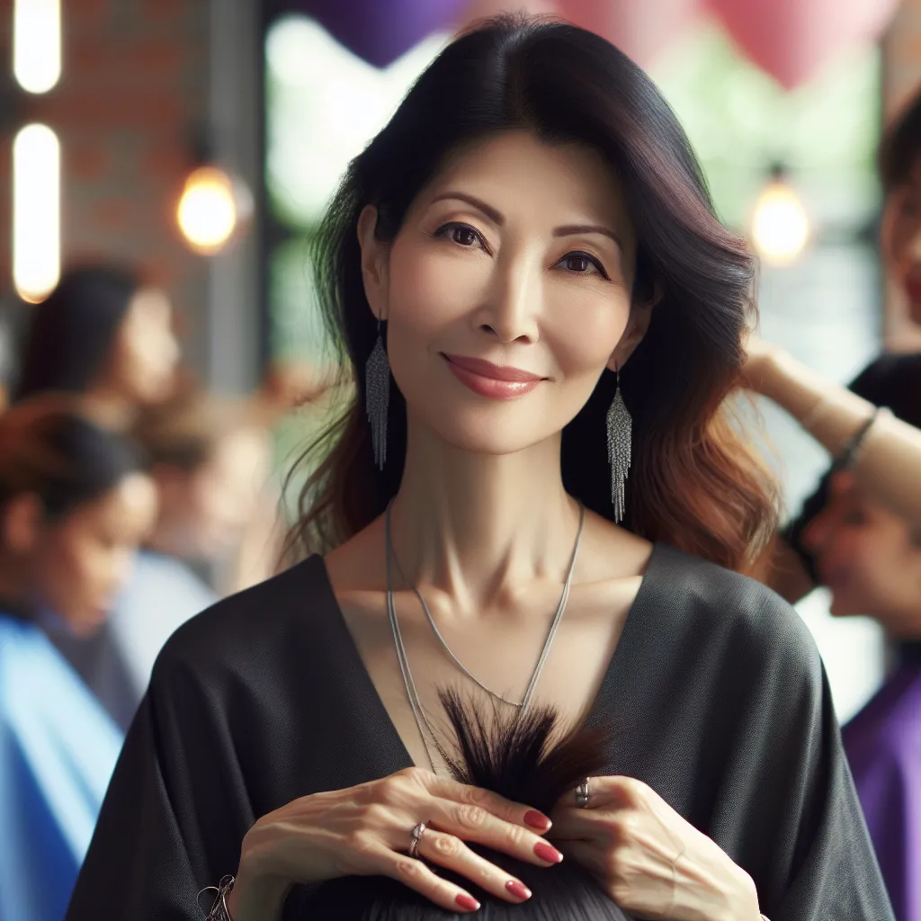 A heartwarming image of Mrs. Cho, a skilled hairstylist, standing with confidence and kindness in her vibrant salon, surrounded by happy customers. Her gentle hands, adorned with jewelry, delicately cut, styled, and cared for her clients' hair. The image captures her peaceful demeanor and the sense of fulfillment she finds in her purpose, embracing the new life she has created for herself.