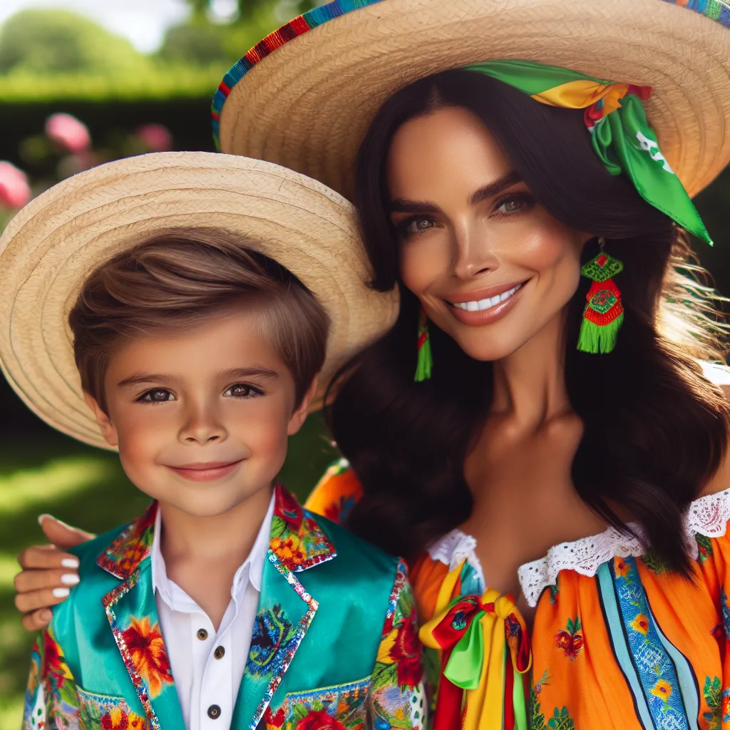 Tommy, a 5-year-old boy, stands next to Lucia, a 35-year-old woman, and they are both dressed in vibrant summer outfits.