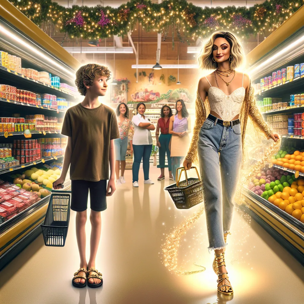 A young boy named Matty Parker, steps into a grocery store and finds a mysterious pair of gold-strapped sandals that transform him into Jayla, a confident, fashionable 20-year-old woman. With newfound memories and desires guiding her actions, Jayla shops for a party, interacts with employees, and revels in her transformed identity. The picture can show the captivating moment of the transformation, capturing the essence of both Matty and Jayla in a single image.