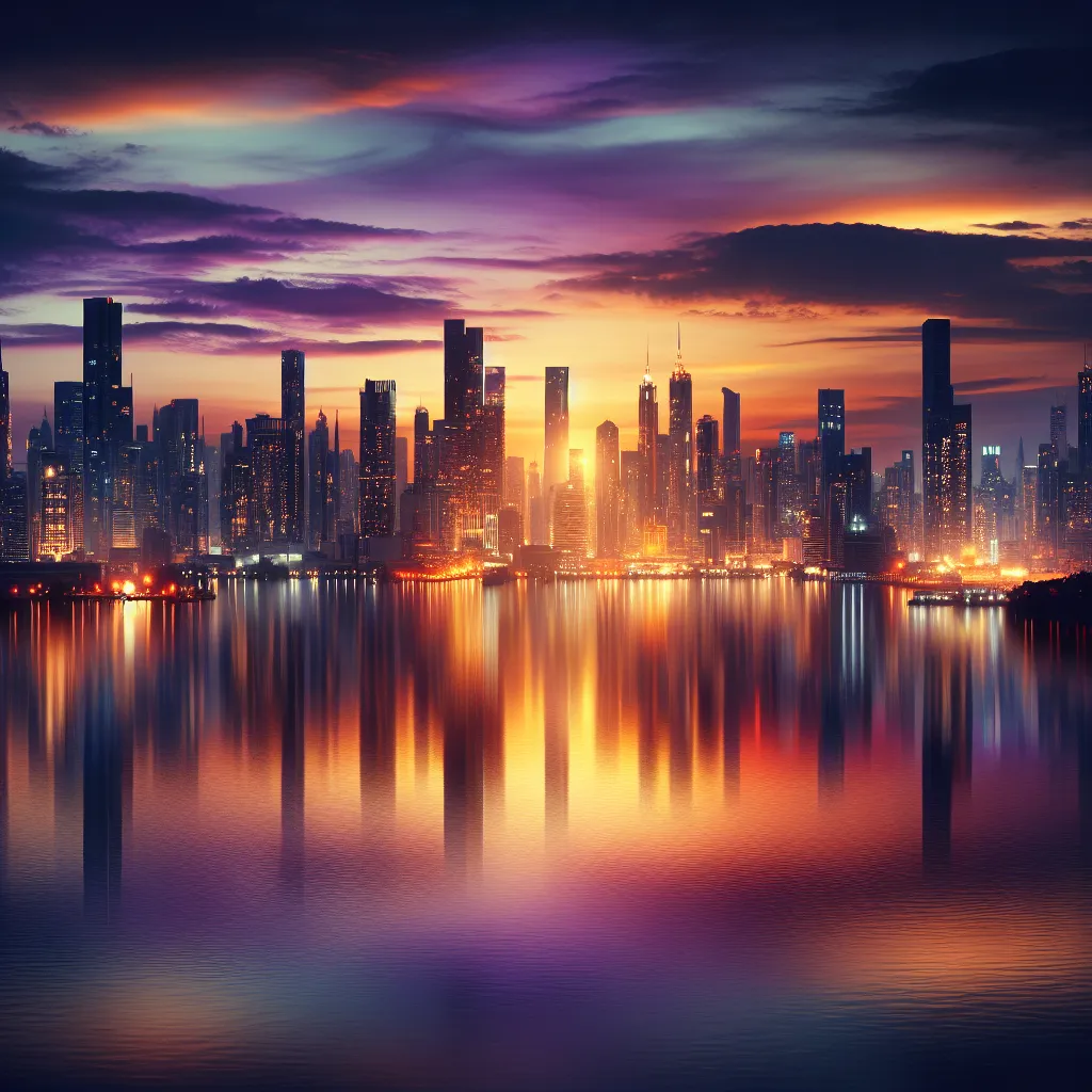 An atmospheric image of a city skyline at dusk, with glowing lights reflecting on still waters in the foreground.