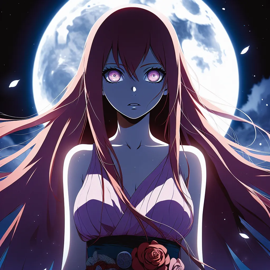 An image that could accompany this story could depict the protagonist, Naruko Uzumaki, standing under a glowing moonlit sky. The image would capture the moment of her transformation, as her body morphs into a more delicately feminine form. Naruko's expression would convey a mix of fear, confusion, and acceptance, as she grapples with the irreversible changes taking place. Her new appearance, with long red hair and vibrant violet eyes, would be portrayed in detail, while hinting at her previous m