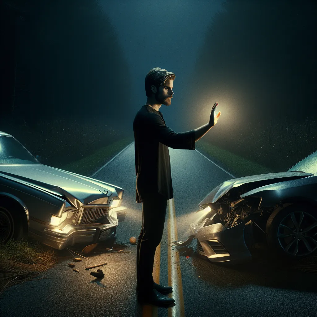 The image accompanying this story would depict a dramatic scene at a dark rural intersection, illuminated by the faint glow of a sliver of moonlight. The crashed cars, a silver sedan and a black sports car, are intertwined in a violent collision. Standing in the shadows nearby is a mysterious magician named Elias. His gaze is fixed on the wreckage, his hand raised in a spell-casting gesture. The image captures the sense of tension and uncertainty as the lives of two vastly different characters, 