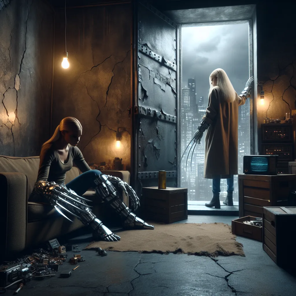 A dimly lit, gritty industrial room with cracked concrete walls draped in shadow from scattered crates and dismantled electronics. A young mutant girl with gleaming adamantium claws sits curled on a battered couch, her fingers nervously tapping her metallic claws. Beside her stands a tall blonde girl, wrapped in a loose jacket, poised and resolute as she opens a creaking steel door to the outside gray cityscape. The single overhead bulb casts a flickering amber glow, highlighting the tense yet t